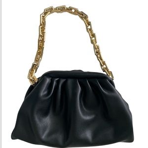 Black Ruched Baguette Gold Chain Bag